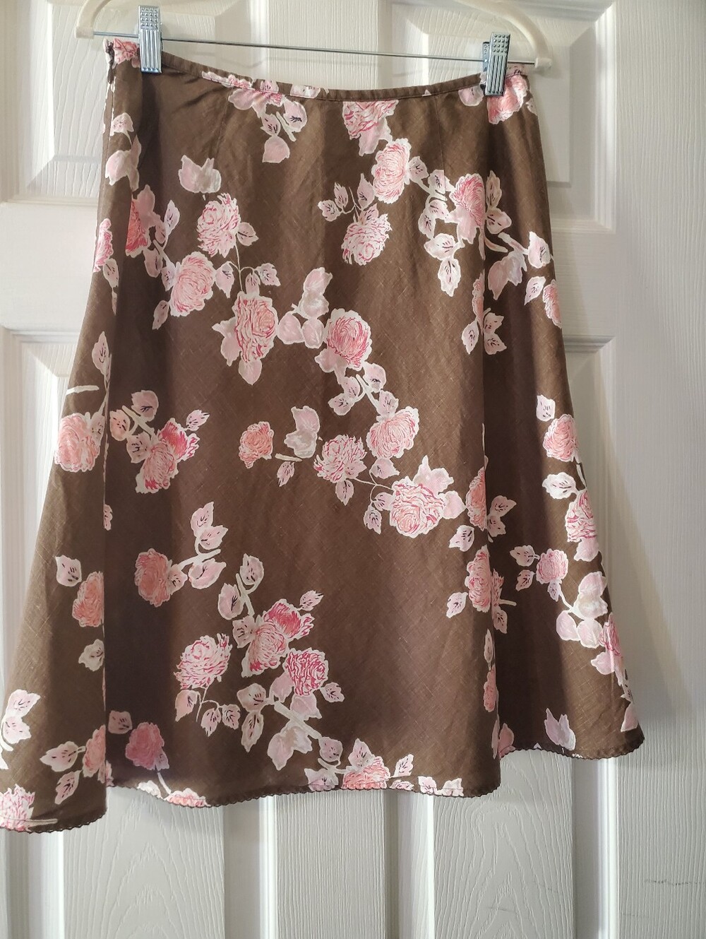 Vintage LOFT Brown A-Line Skirt with Pink Floral Print Size 8